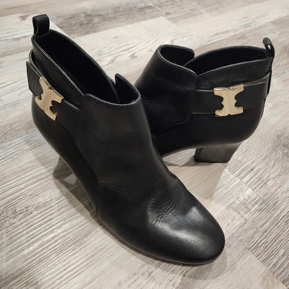 Tory Burch Black Leather Ankle Booties with Gold Logo Accent